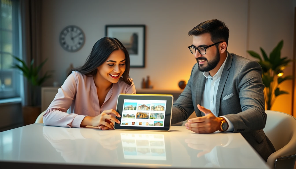 agente inmobiliario de La Aldaba Inmobiliaria muestra el catálogo de propiedades de forma moderna a través del sitio web y una tablet